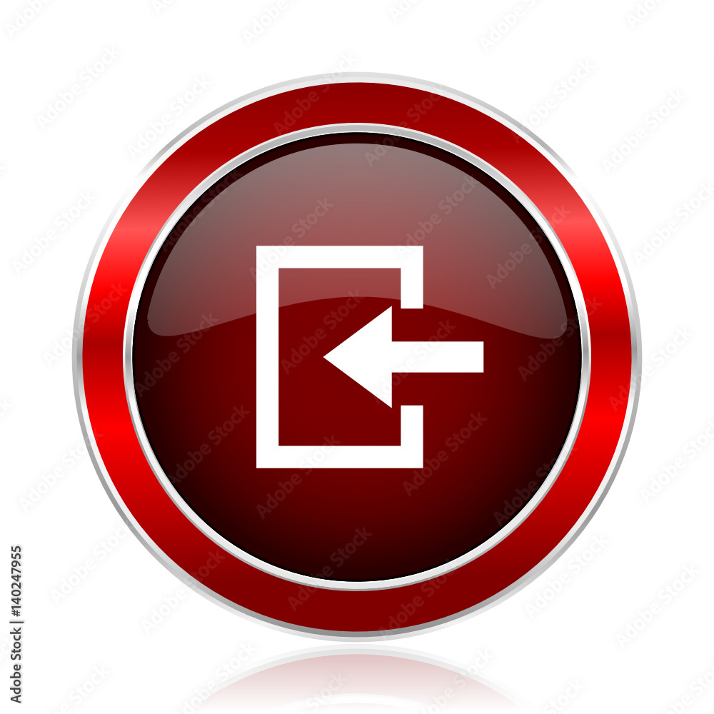 Exit red round glossy vector web icon. Circle modern design chrome metal border abstract sign for smartphone applications