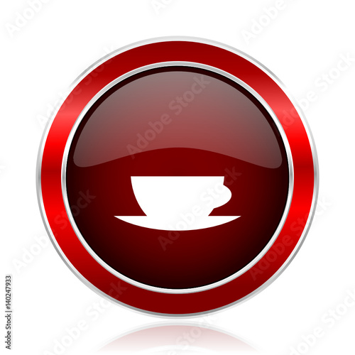 Espresso red round glossy vector web icon. Circle modern design chrome metal border abstract sign for smartphone applications