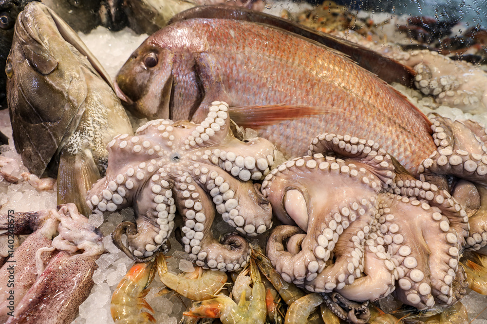 Octopus for sale in the greek fish market.