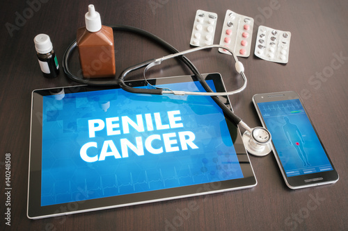Penile cancer (cancer type) diagnosis medical concept on tablet screen with stethoscope