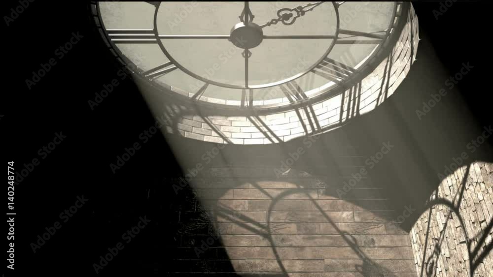 A  24 hour time-lapse from the interior of the attic room behind a working antique tower clock with light rays penetrating through