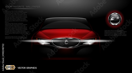 Digital vector red modern sport car mockup, ready for print or magazine design. Your brand, white lights on. Black background. Transparent, realistic 3d, reflection