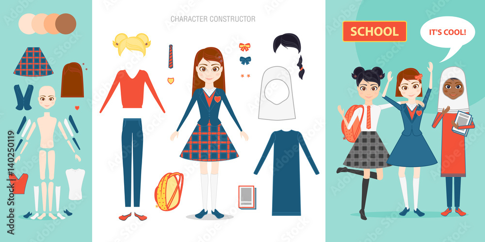 Schoolgirl character constructor set. Cartoon vector flat style infographic illustration. Girl pupil in school uniforms of different countries. Briefcase, book, hairstyle, clothes, skin color. Schoolgirl character constructor set. Cartoon vector flat style infographic illustration. Girl pupil in school uniforms of different countries. Briefcase, book, hairstyle, clothes, skin color.