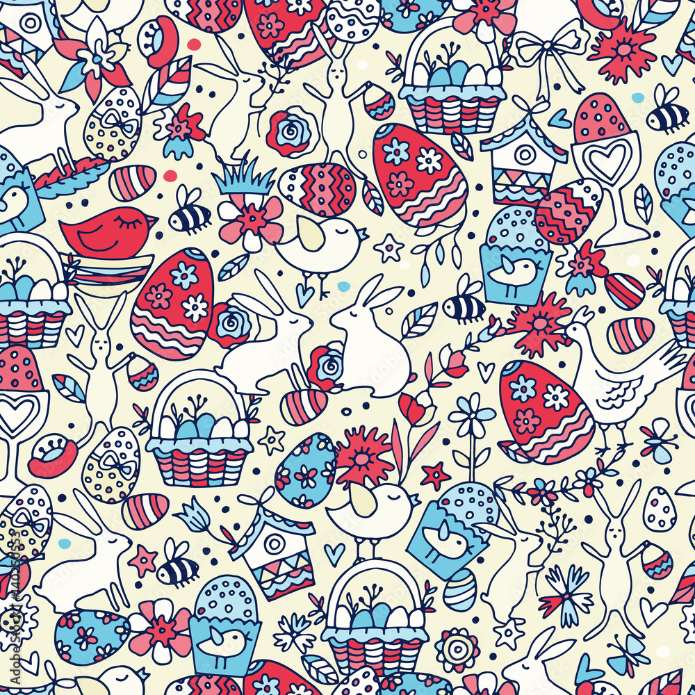 Naklejka premium Cartoon vector hand drawn Doodle Happy Easter illustration. Seamless pattern.