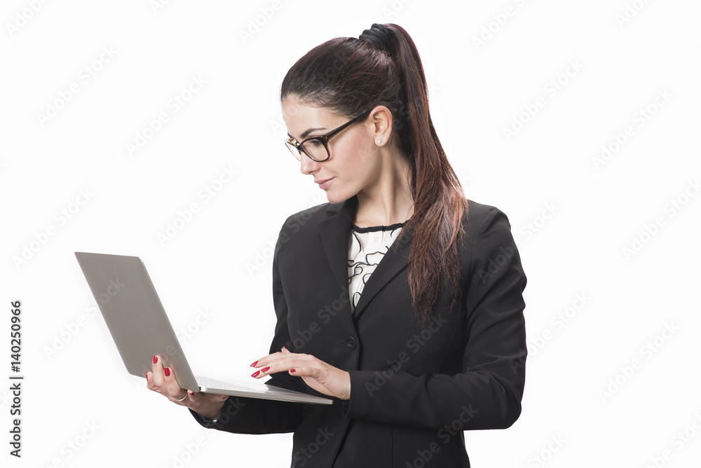 Young successful career woman holds her laptop Young successful career woman holds her laptop