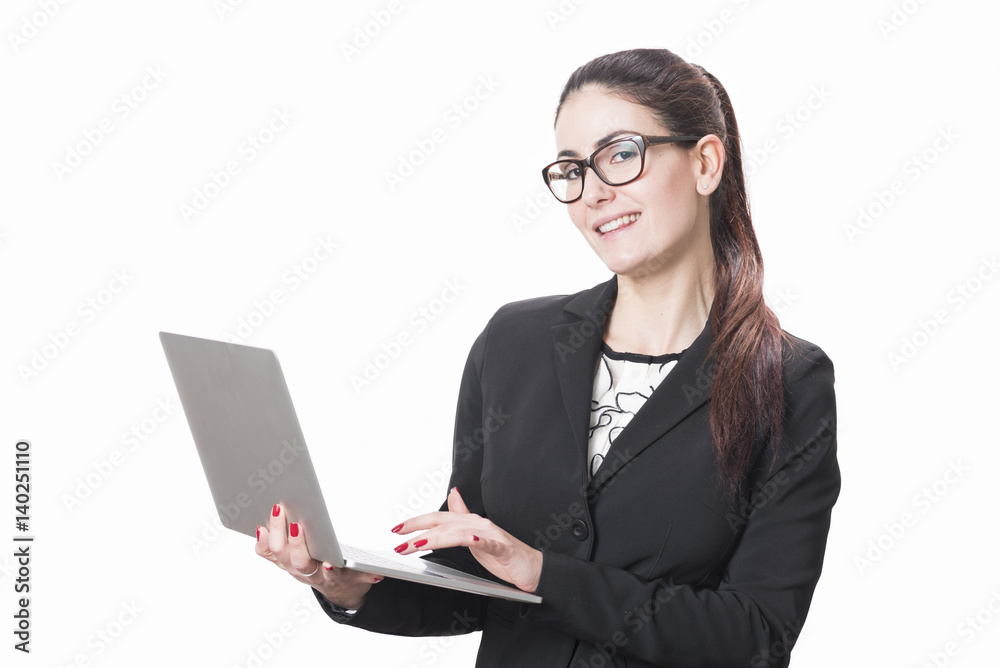 Young successful career woman holds her laptop Young successful career woman holds her laptop