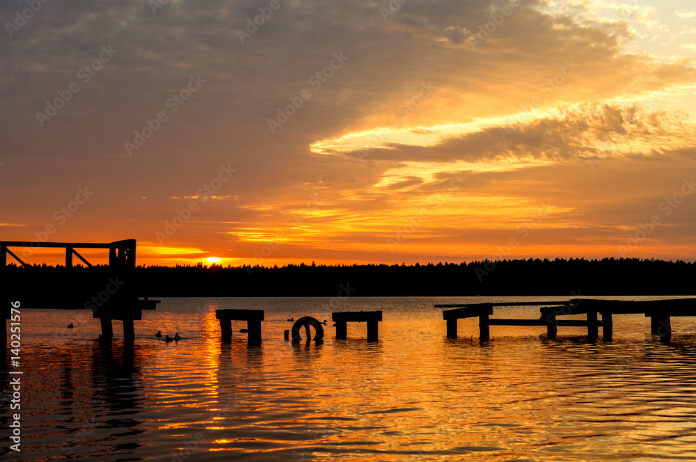 the Necko lake at sunset time in Poland, podlasie, masuria.