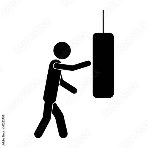 monochrome pictogram with man knocking punching bag vector illustration