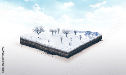 3d illustration of a soil slice, winter nature with trees isolated on white background