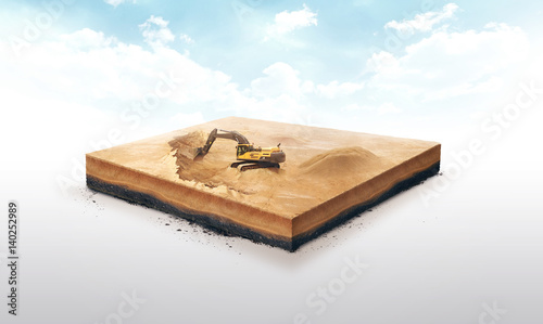 3d illustration of a soil slice, excavation work on Sand quarry isolated on white background