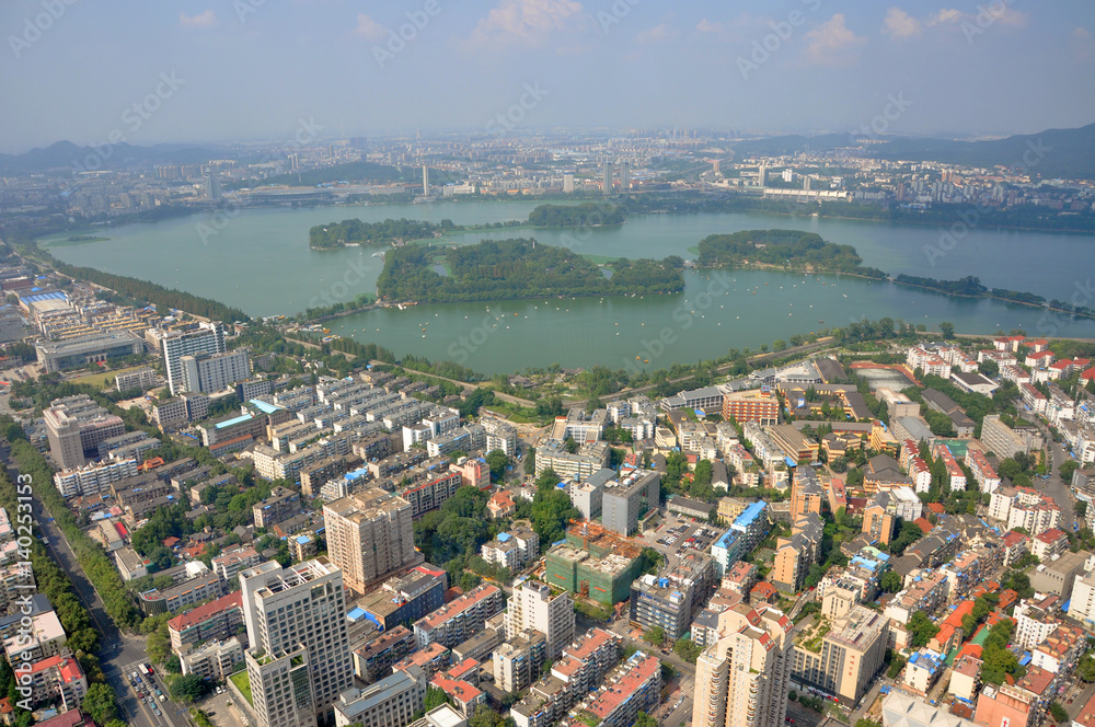 Aerial view of Xuanwu Lake from Zifeng Tower in Nanjing, Jiangsu Province, China.