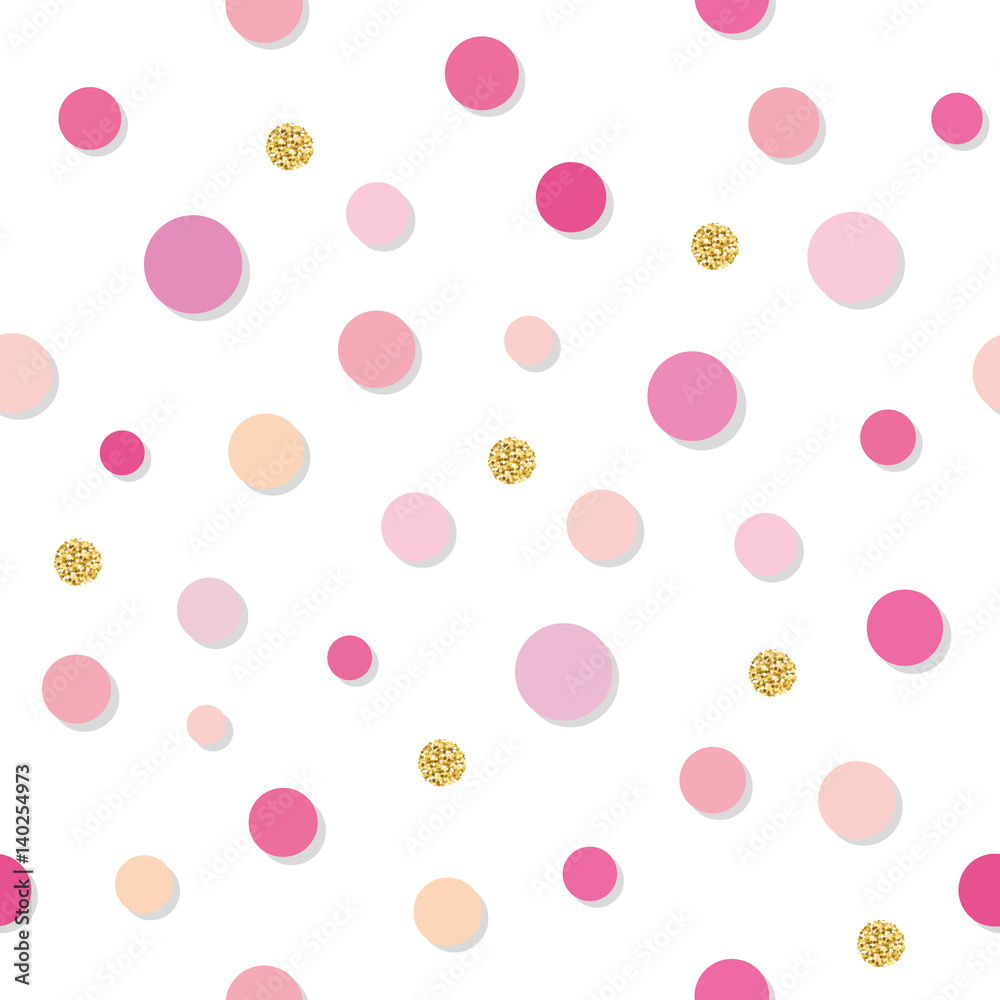 Confetti polka dot seamless pattern background. Golden glitter and pink trendy colors. For birthday, valentine and scrapbook design.