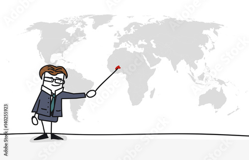 Personnage qui présente la carte du monde : burkina faso