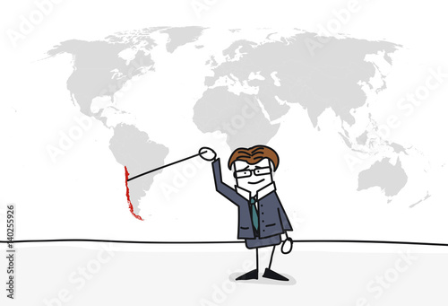 Personnage qui présente la carte du monde : Chili