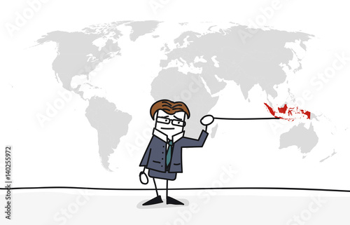 Personnage qui présente la carte du monde : Indonésie