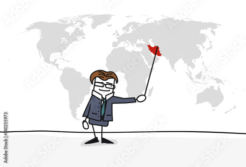 Personnage qui présente la carte du monde : Iran