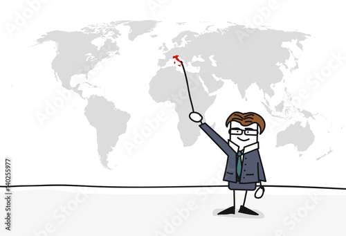 Personnage qui présente la carte du monde : Italie