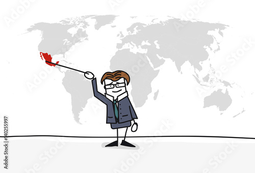 Personnage qui présente la carte du monde : Mexique