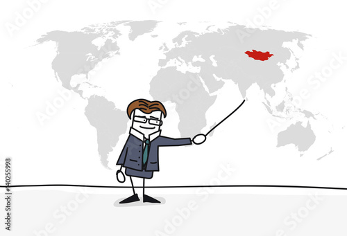 Personnage qui présente la carte du monde : Mongolie