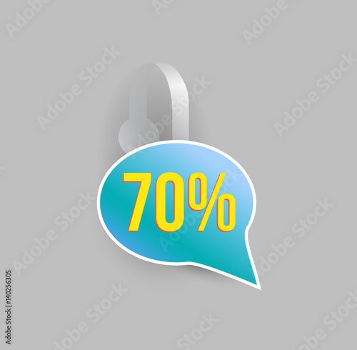 Vector blue wobbler mockup with transparent strip and grey background. Sale speech bubble template for your hanging shelf tag design. photo