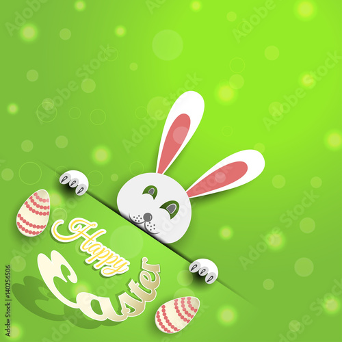 Vector poster of Happy Easter on the gradient green background with rabbit  egg  radiance and text cut from paper.