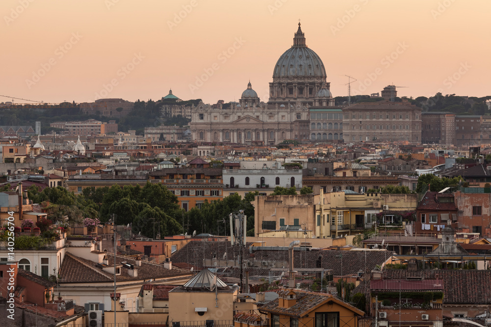 Cityscape of Rome and St. Peter's Basilica in the Vatican at Dusk