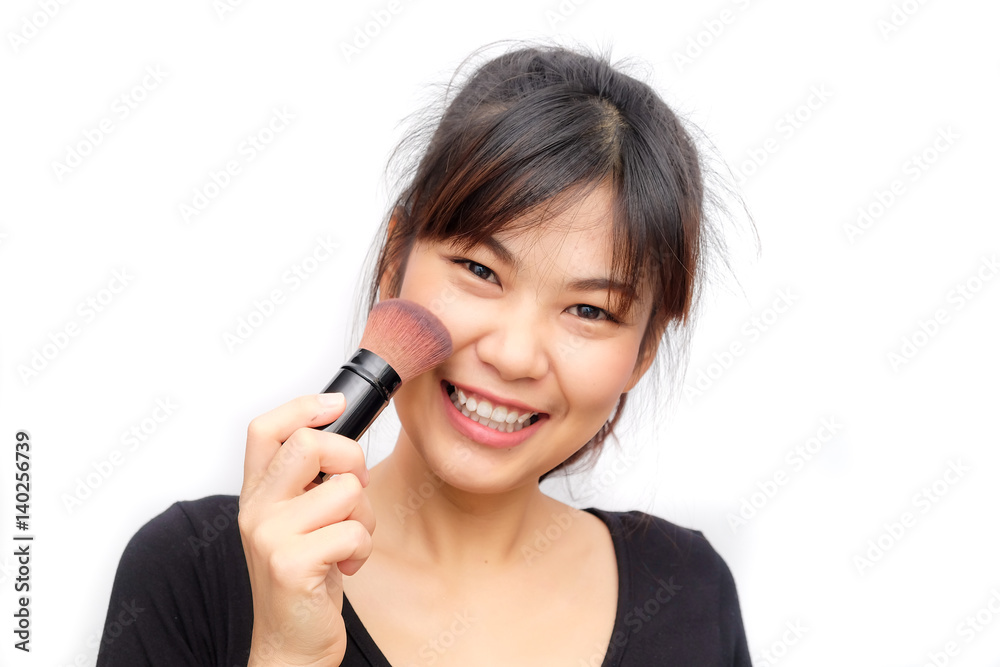 Beautiful young asian woman applying cosmetic paint brush, Perfect makeup isolated on white Beautiful young asian woman applying cosmetic paint brush, Perfect makeup isolated on white