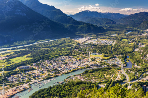 Scenic overlook of Squamish Town from the summit of the stawamus chief, British Columbia, Canada.