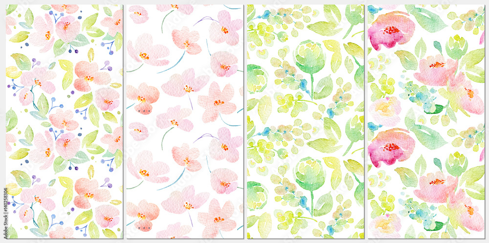Set with watercolor seamless patterns. Lovely pink flowers. Set with watercolor seamless patterns. Lovely pink flowers.