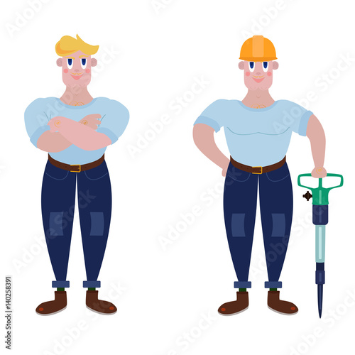A strong worker with a jackhammer and a helmet or standing with his arms crossed. A man of muscle with arms crossed in a T-shirt and jeans © egr