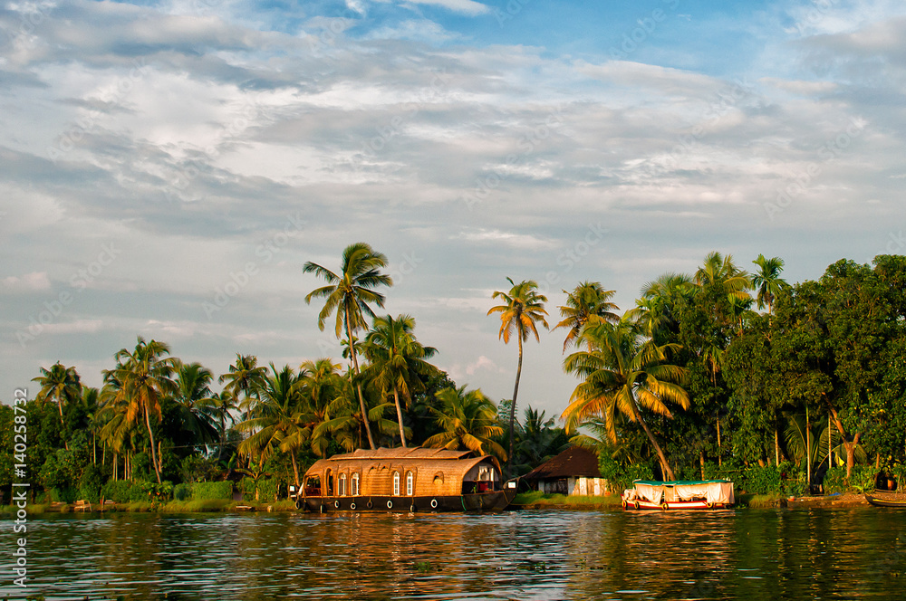 A houseboat in Kerala backwaters, India.