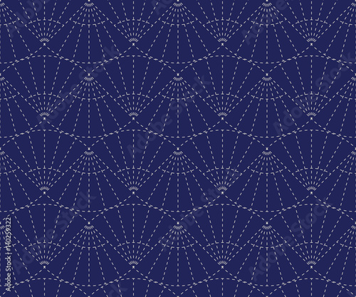 Seamless porcelain indigo blue and white traditional Japanese stitched fan sashiko textile pattern vector
