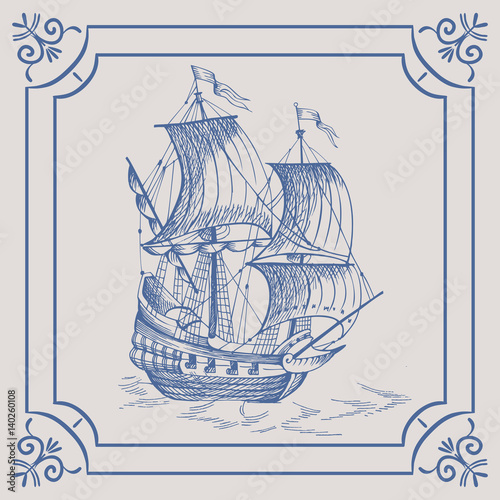 Old caravel. Ship on the Blue Dutch tile. Imitation. Frigate, vintage sailboat, Sailing vessel , glazed porcelain ceramic.