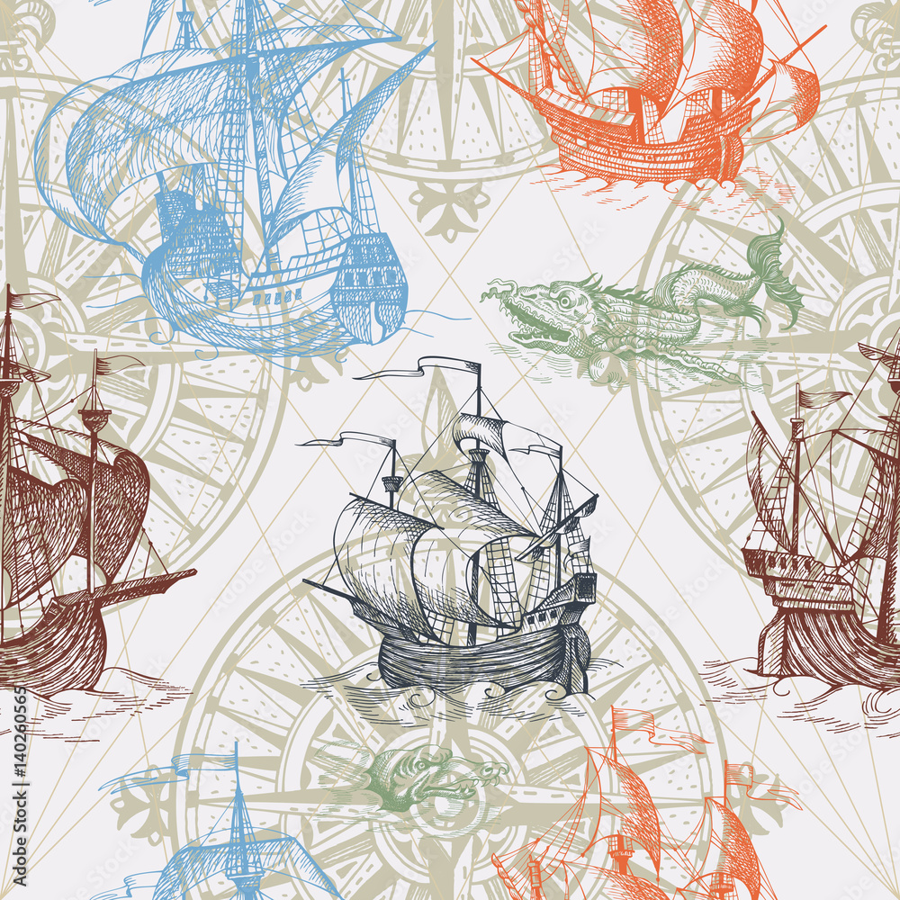 Obraz premium Old caravel, vintage sailboat, sea monster. Vector seamless pattern