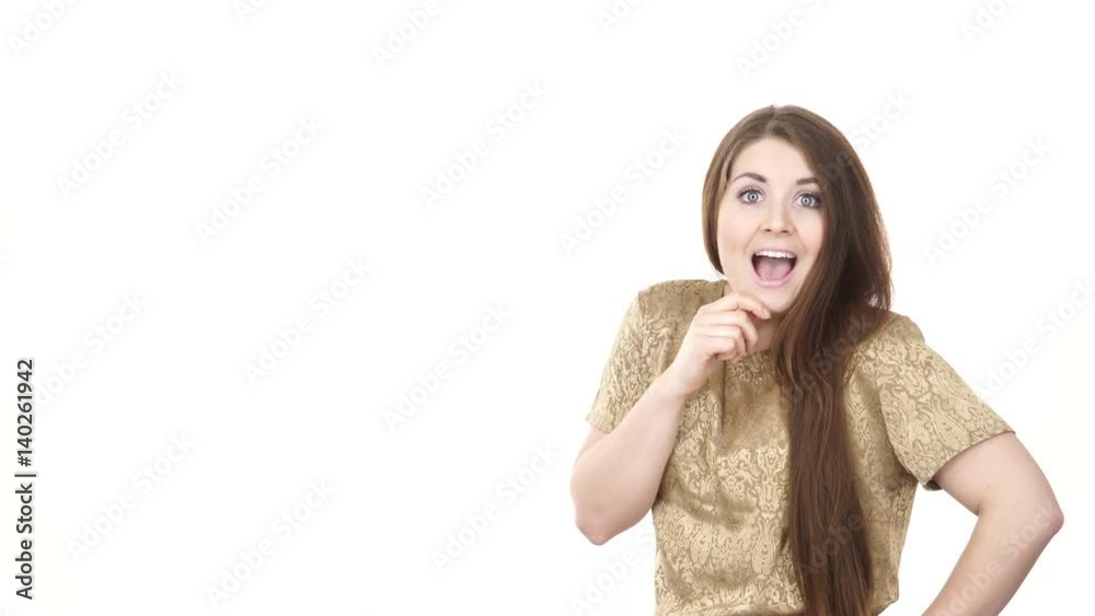 Woman confused thinking seeks a solution. Pensive thoughtful girl coming up with an idea, pointing with finger at copyspace, giving thumb up gesture sign. Advertisement concept 4K ProRes HQ codec Woman confused thinking seeks a solution. Pensive thoughtful girl coming up with an idea, pointing with finger at copyspace, giving thumb up gesture sign. Advertisement concept 4K ProRes HQ codec