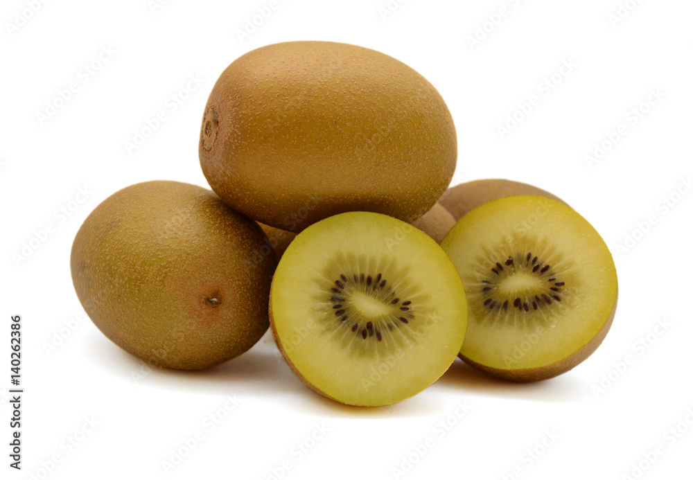 Whole and cutout yellow golden kiwi fruit in stack isolated on white background Whole and cutout yellow golden kiwi fruit in stack isolated on white background
