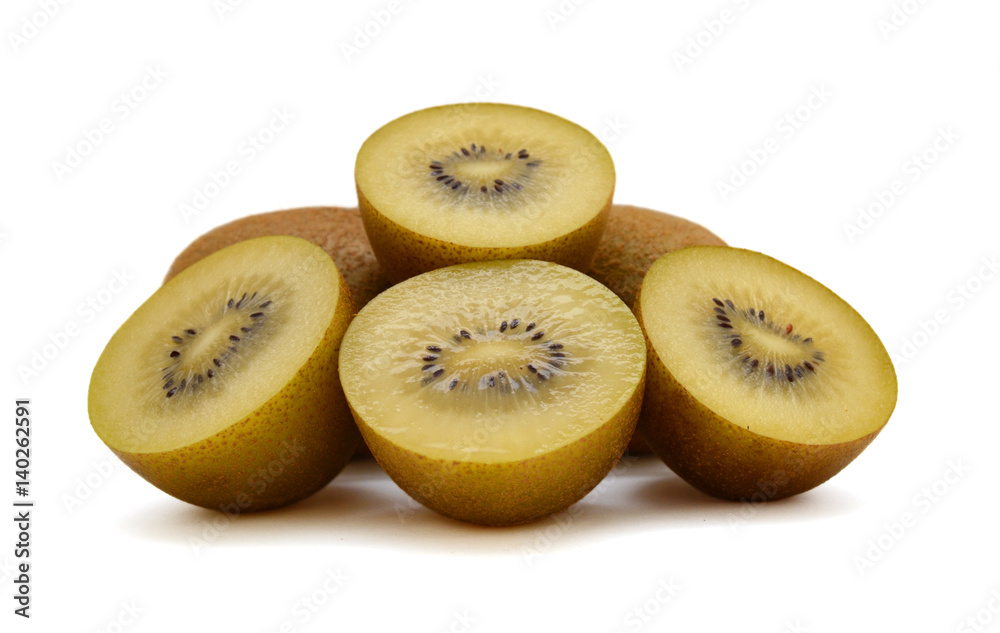 Whole and cutout yellow golden kiwi fruit in stack isolated on white background Whole and cutout yellow golden kiwi fruit in stack isolated on white background