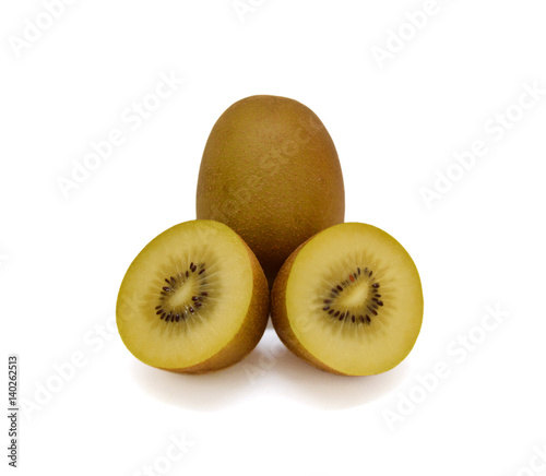 Whole and cutout yellow golden kiwi fruit in stack isolated on white background
