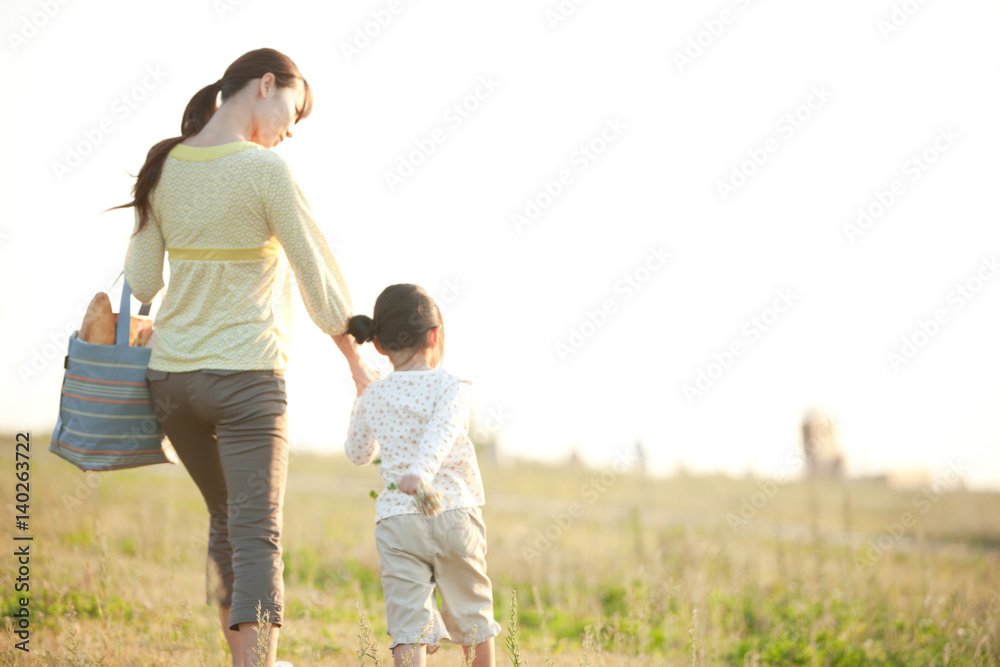 Girl and woman walking in field hand in hand, copy space Girl and woman walking in field hand in hand, copy space