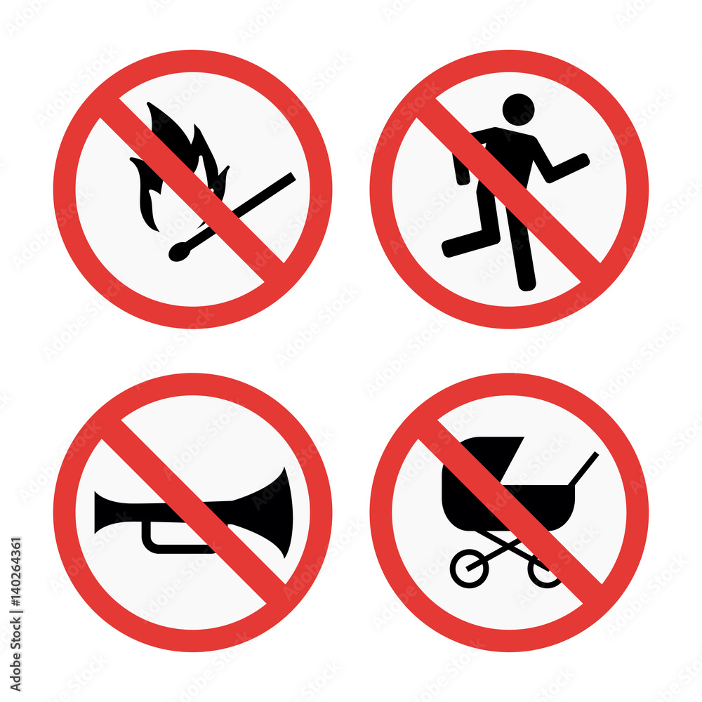 Prohibition signs set safety information vector illustration. Prohibition signs set safety information vector illustration.