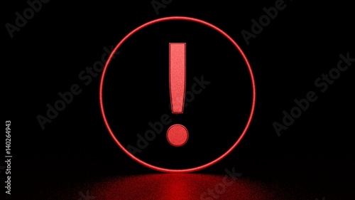 Red exclamation point in circle on black background. Graphic illustration. 3d rendering