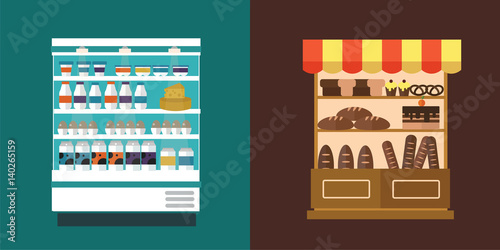 Fruit, vegetables, milk products, meat, bakery shop stall vector set