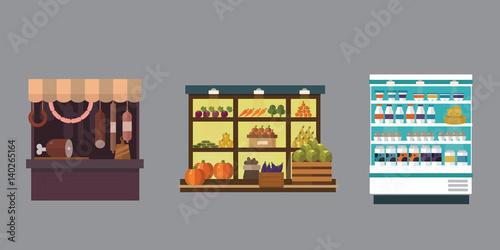 Fruit, vegetables, milk products, meat, bakery shop stall vector set