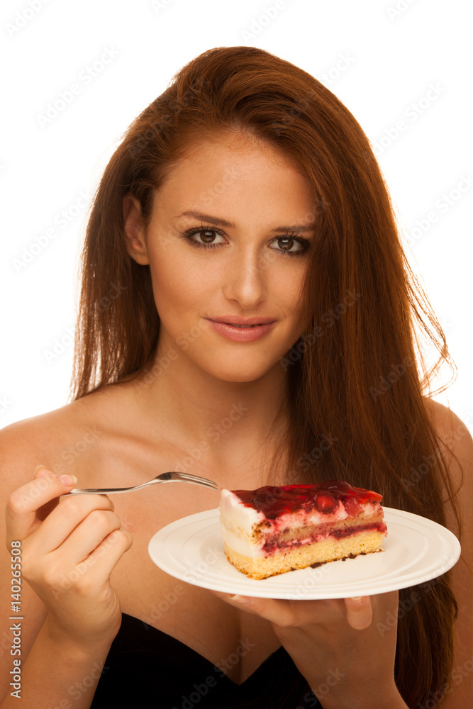 strawberry cake - wman eats sweet dessert isolated strawberry cake - wman eats sweet dessert isolated