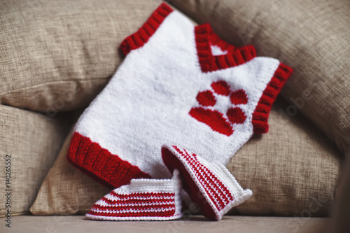 Handmade white and red knitted baby's bootees and baby vest with a dog paw embroidery