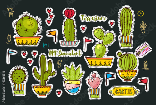 Set Fashion patches, brooches with cacti, hearts, flags. Cute Vector Doodles funny, clothes pins, jacket, stickers, patches, pins, badges. Cartoon style of the 80s, 90s Modern Pop Art Embroidery
