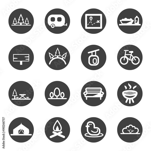 park garden camp line flat icon set vector