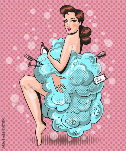 Vector pop art illustration of pretty woman in bath foam