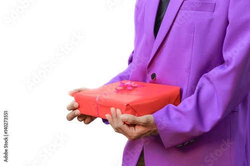 man holding gift red in day a new year and Christmas on white background