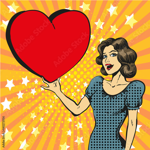 Vector pop art illustration of happy woman in love